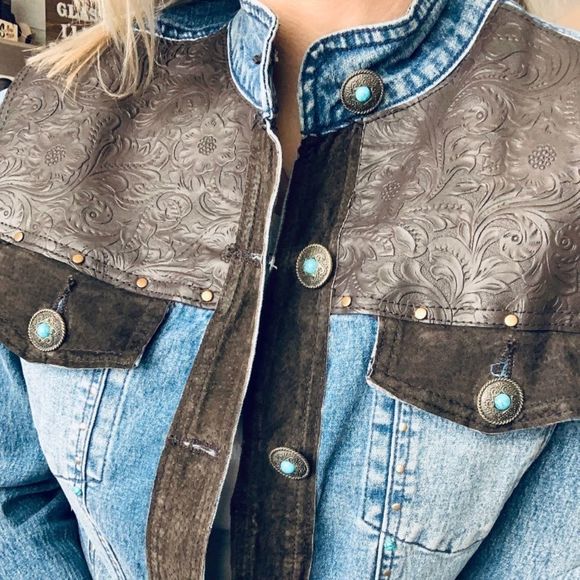 Vintage western Diane Gilman suede rodeo cowgirl button up denim jacket - Picture 2 of 8